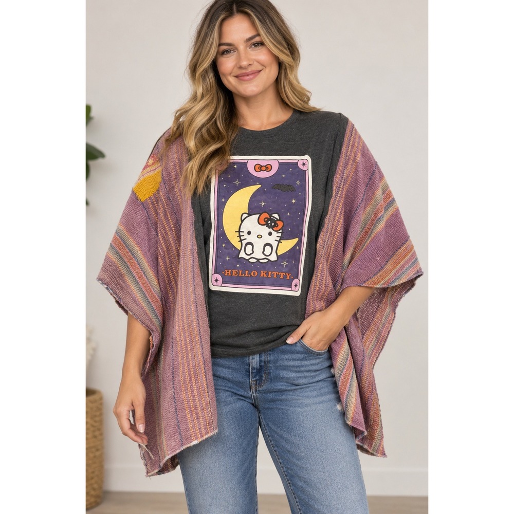 Custom Hello Kitty Halloween Kantha Quilt Sleeve Upcycled Graphic Tee One Size
